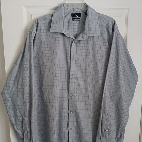 Calvin Klein Men's Dress Shirt Sz 2X White with Blue Plaid Long Sleeve Slim Fit - Picture 2 of 8